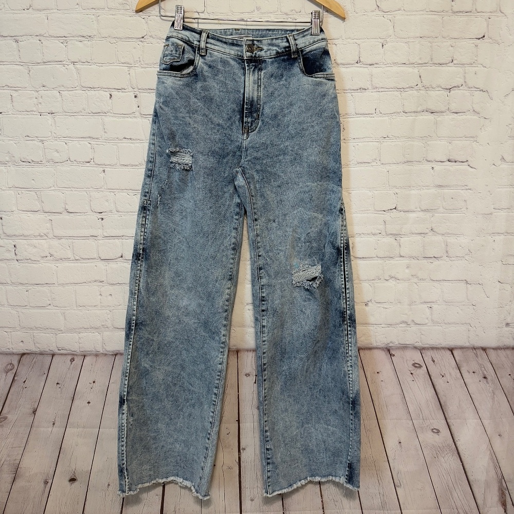 NYE High-waisted acid wash distressed wide wide leg jeans